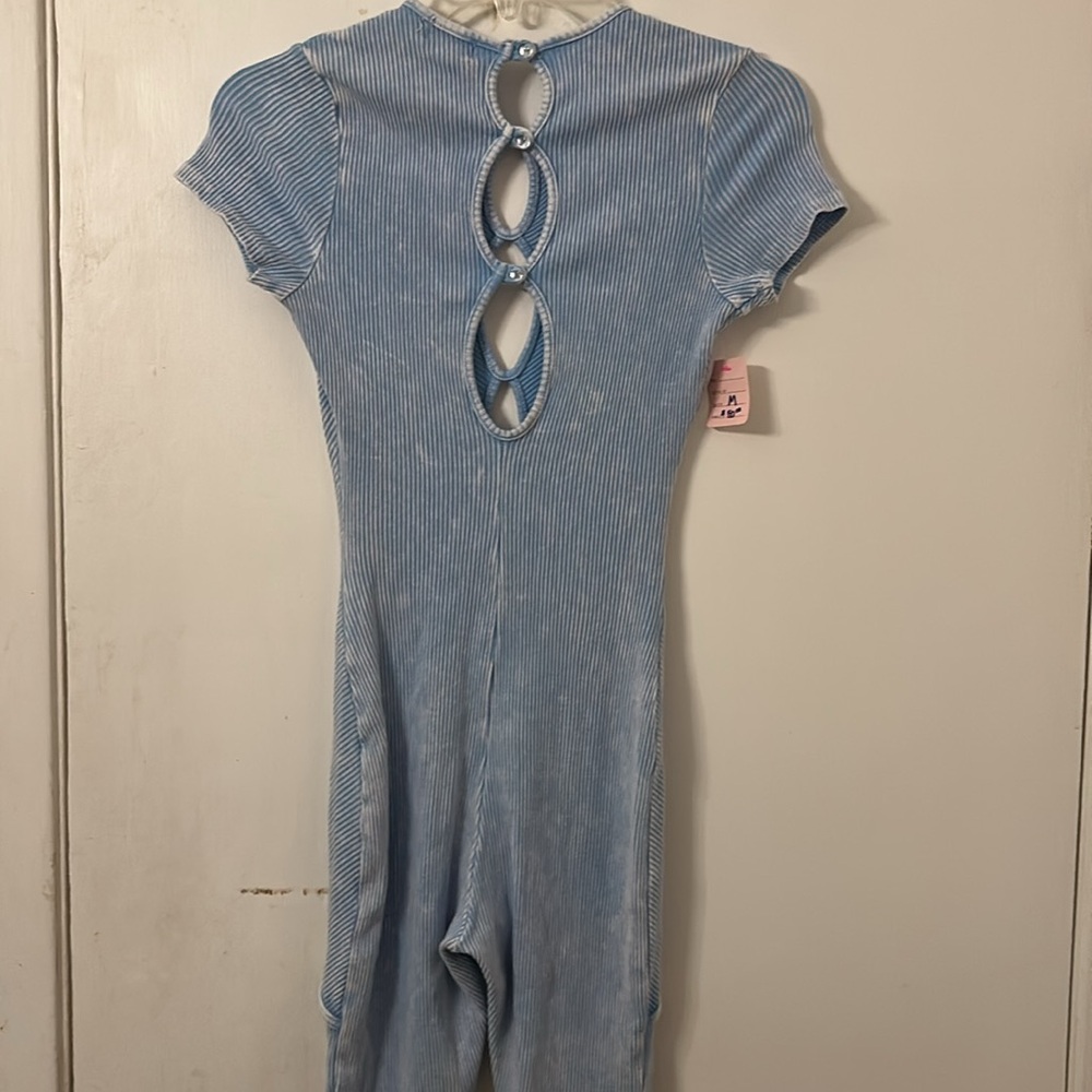 NWT boutique romper 1 piece runsie Light Blue Ribbed Jumpsuit short sleeve - Picture 7 of 9